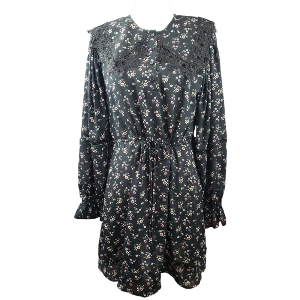 Top Shop NWT Lace Collar Floral Dress in Black Size 8 Long Sleeve